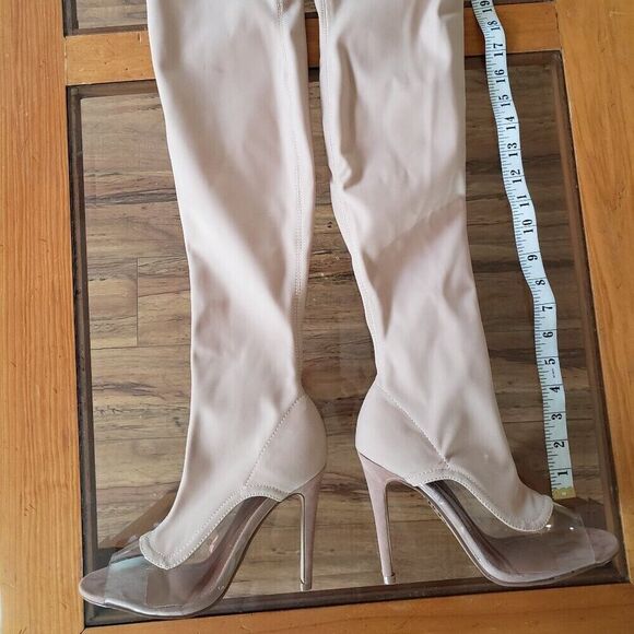 Open Toe Over the Knee Stiletto Boots Cream/Tan Size 7 - Picture 1 of 7